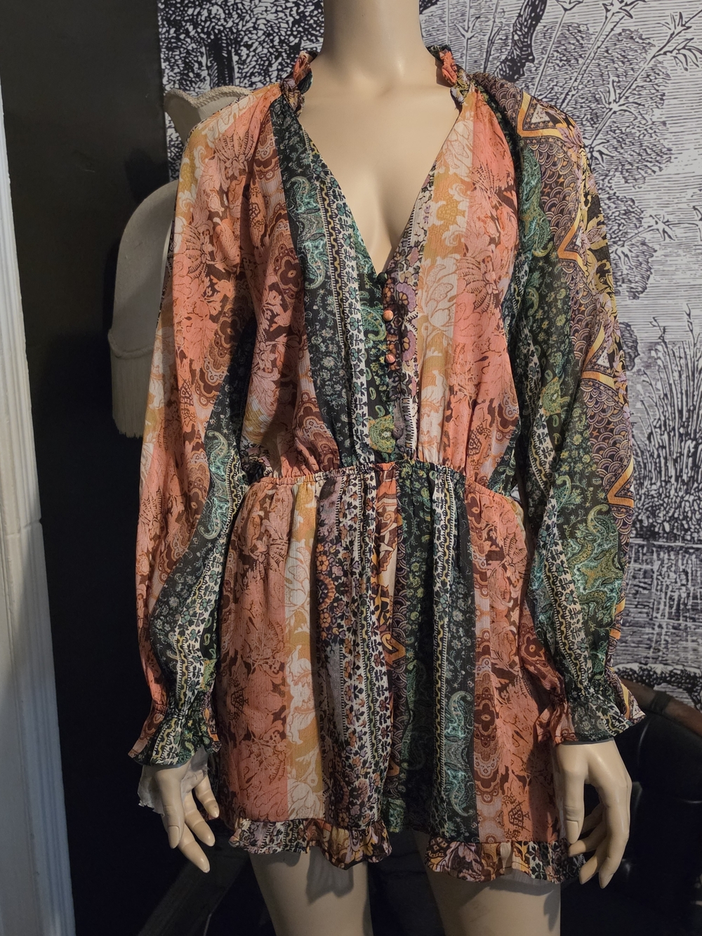 VICI Patchwork Print Long Sleeve Boho Romper - Size Medium